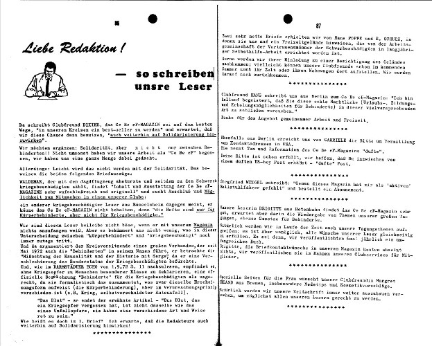 Abgebildet ist die doppelseitige Leserbriefseite der Zeitschrift "Luftpumpe". Die Seite ist mit Schreibmaschine geschrieben, wobei die einzelnen Absätze teilweise durch eine Reihe Punkte abgegrenzt werden. Am oberen linken Rand ist eine schwarz auf weiß gezeichnete Person mit kurzen dunklen Haaren zu sehen, die mit einem Stift auf ein Blatt Papier schreibt.